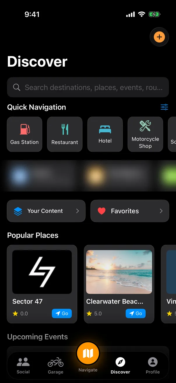 MotoRev Discover tab with quick navigation and popular places