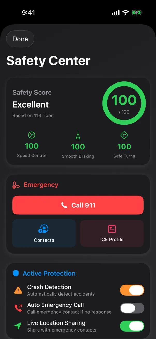 MotoRev Safety Center with safety score, Call 911 and crash detection