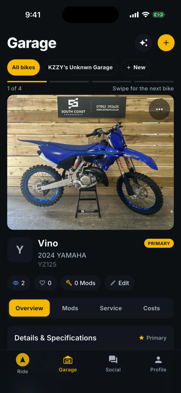 The MotoRev garage: a garage selector, a swipeable bike pager and the bike overview, mods, service and costs