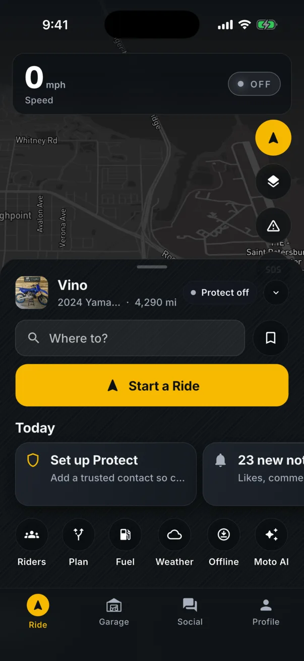 MotoRev Ride tab: the map with your bike, a destination field, Start Ride and the Today strip